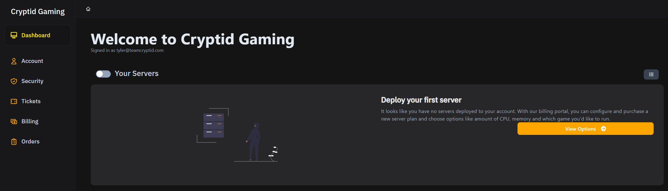 Dashboard screen in the Cryptid Gaming panel